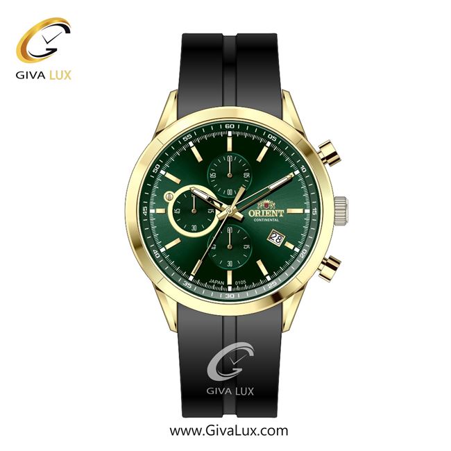 ساعت مچی اورجینال مردانه اورینت (کانتیننتال) | Orient (Continental) سه موتوره کرنوگراف طلایی | مشکی| سبز یشمی تیره| کد رفرنس 105