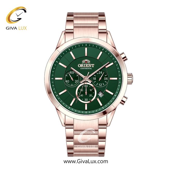 ساعت مچی اورجینال مردانه اورینت (کانتیننتال) | Orient (Continental) سه موتوره کرنوگراف رزگلد | رزگلد| سبز یشمی تیره| کد رفرنس 106