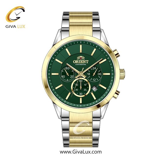 ساعت مچی اورجینال مردانه اورینت (کانتیننتال) | Orient (Continental) سه موتوره کرنوگراف طلایی | نقره ای-طلایی| سبز یشمی تیره| کد رفرنس 106