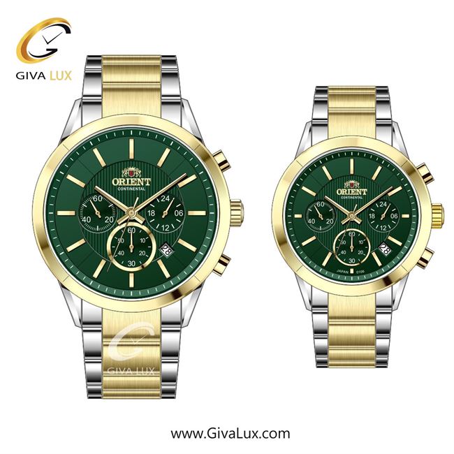 ساعت مچی اورجینال ست اورینت (کانتیننتال) | Orient (Continental) سه موتوره کرنوگراف طلایی | نقره ای-طلایی| سبز یشمی تیره| کد رفرنس 106