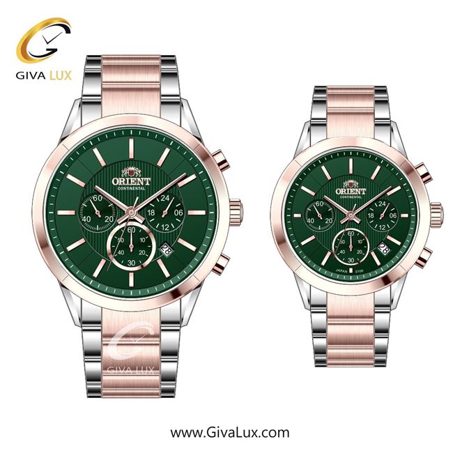 ساعت مچی اورجینال ست اورینت (کانتیننتال) | Orient (Continental) سه موتوره کرنوگراف رزگلد | نقره ای-رزگلد| سبز یشمی تیره| کد رفرنس 106