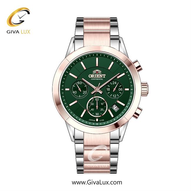 ساعت مچی اورجینال زنانه اورینت (کانتیننتال) | Orient (Continental) سه موتوره کرنوگراف رزگلد | رزگلد-نقره ای| سبز یشمی تیره| کد رفرنس 106