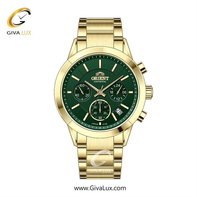 ساعت مچی اورجینال زنانه اورینت (کانتیننتال) | Orient (Continental) سه موتوره کرنوگراف طلایی | طلایی| سبز یشمی تیره| کد رفرنس 106