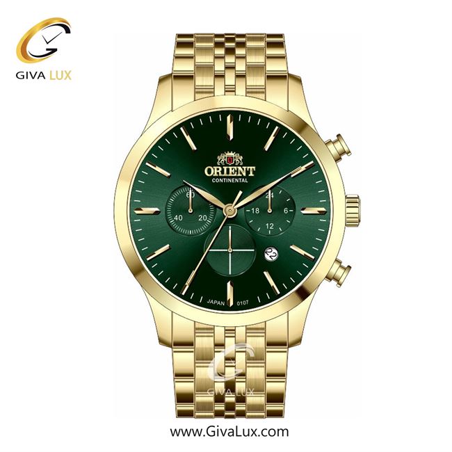 ساعت مچی اورجینال مردانه اورینت (کانتیننتال) | Orient (Continental) سه موتوره کرنوگراف طلایی | طلایی| سبز یشمی تیره| کد رفرنس 107