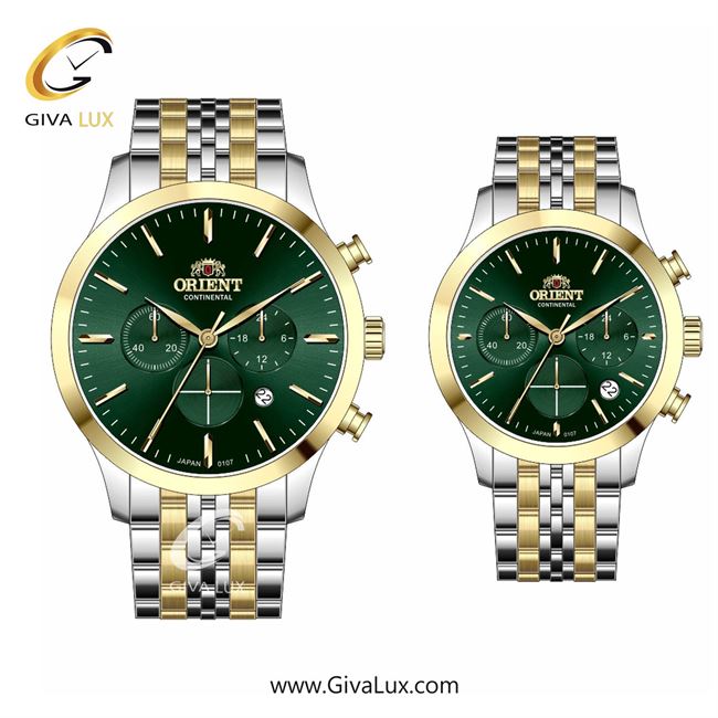 ساعت مچی اورجینال ست اورینت (کانتیننتال) | Orient (Continental) سه موتوره کرنوگراف طلایی | نقره ای-طلایی| سبز یشمی تیره| کد رفرنس 107