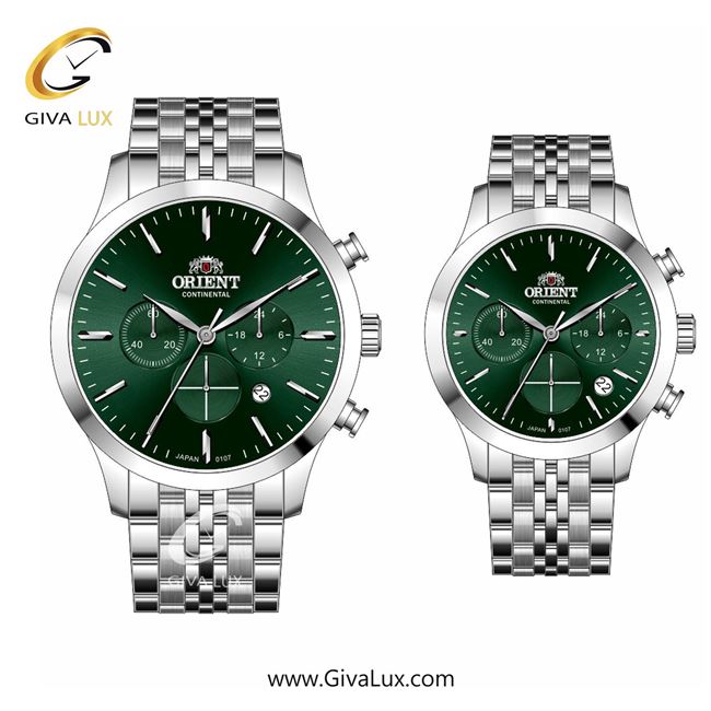 ساعت مچی اورجینال ست اورینت (کانتیننتال) | Orient (Continental) سه موتوره کرنوگراف نقره ای | نقره ای| سبز یشمی تیره| کد رفرنس 107