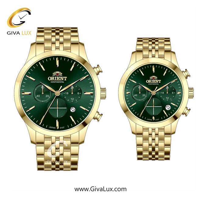ساعت مچی اورجینال ست اورینت (کانتیننتال) | Orient (Continental) سه موتوره کرنوگراف طلایی | طلایی| سبز یشمی تیره| کد رفرنس 107