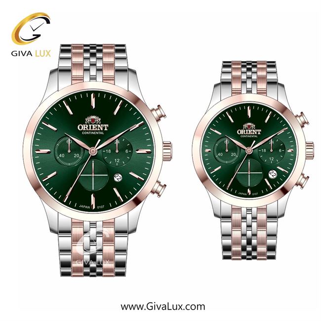 ساعت مچی اورجینال ست اورینت (کانتیننتال) | Orient (Continental) سه موتوره کرنوگراف رزگلد | رزگلد-نقره ای| سبز یشمی تیره| کد رفرنس 107