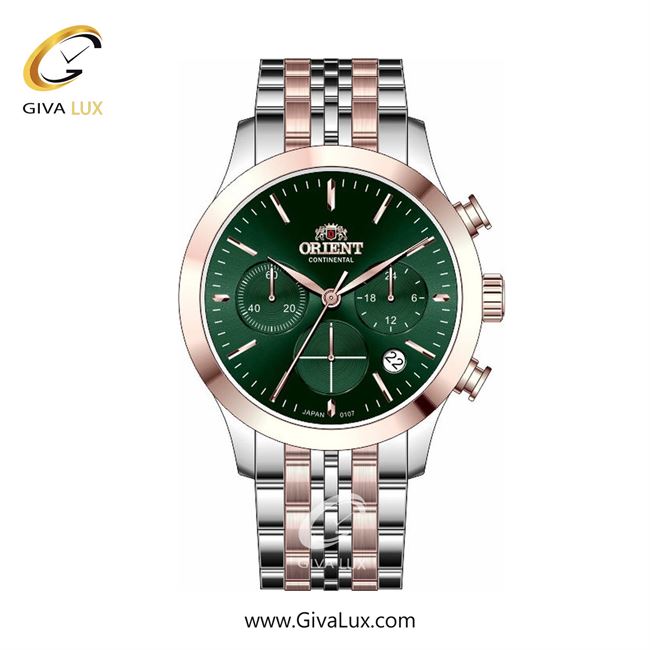 ساعت مچی اورجینال زنانه اورینت (کانتیننتال) | Orient (Continental) سه موتوره کرنوگراف رزگلد | نقره ای-رزگلد| سبز یشمی تیره| کد رفرنس 107