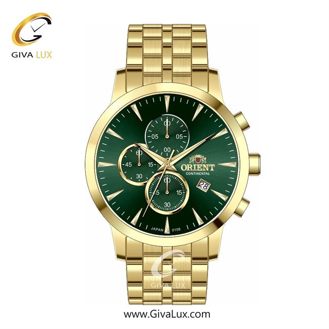 ساعت مچی اورجینال مردانه اورینت (کانتیننتال) | Orient (Continental) سه موتوره کرنوگراف طلایی | طلایی| سبز یشمی تیره| کد رفرنس 108