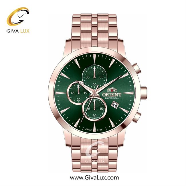 ساعت مچی اورجینال مردانه اورینت (کانتیننتال) | Orient (Continental) سه موتوره کرنوگراف رزگلد | رزگلد| سبز یشمی تیره| کد رفرنس 108