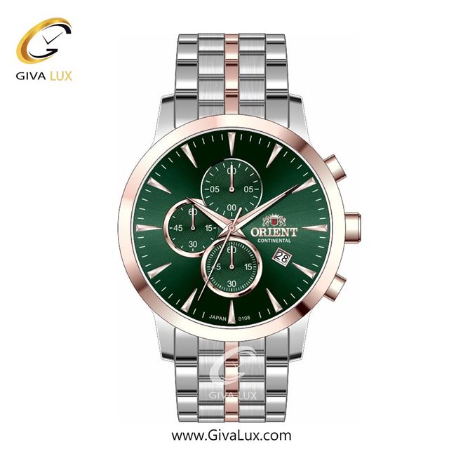 ساعت مچی اورجینال مردانه اورینت (کانتیننتال) | Orient (Continental) سه موتوره کرنوگراف رزگلد | رزگلد-نقره ای| سبز یشمی تیره| کد رفرنس 108