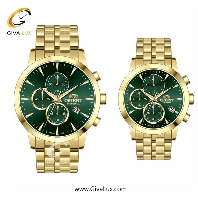 ساعت مچی اورجینال ست اورینت (کانتیننتال) | Orient (Continental) سه موتوره کرنوگراف طلایی | طلایی| سبز یشمی تیره| کد رفرنس 108