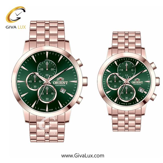 ساعت مچی اورجینال ست اورینت (کانتیننتال) | Orient (Continental) سه موتوره کرنوگراف رزگلد | رزگلد| سبز یشمی تیره| کد رفرنس 108
