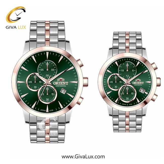 ساعت مچی اورجینال ست اورینت (کانتیننتال) | Orient (Continental) سه موتوره کرنوگراف رزگلد | رزگلد-نقره ای| سبز یشمی تیره| کد رفرنس 108