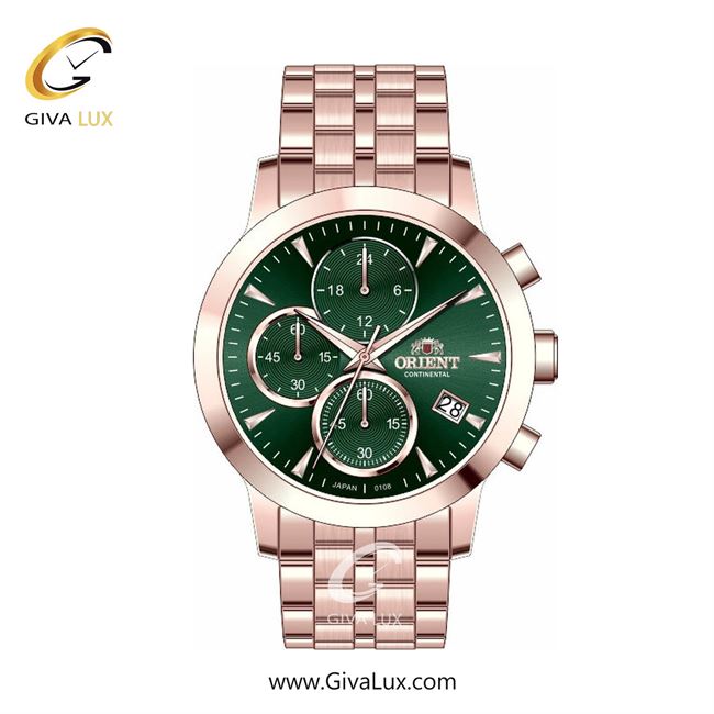 ساعت مچی اورجینال زنانه اورینت (کانتیننتال) | Orient (Continental) سه موتوره کرنوگراف رزگلد | رزگلد| سبز یشمی تیره| کد رفرنس 108
