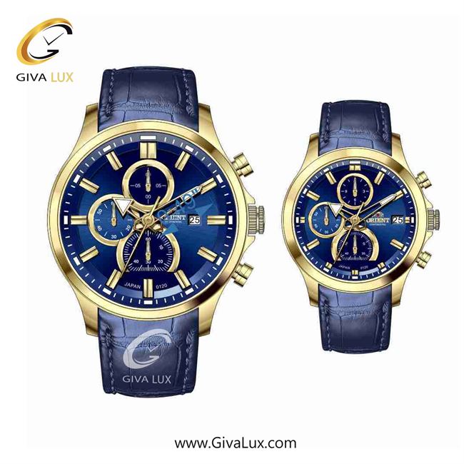 ساعت مچی اورجینال ست اورینت (کانتیننتال) | Orient (Continental) سه موتوره کرنوگراف طلایی | سرمه ای| سرمه ای| کد رفرنس 120