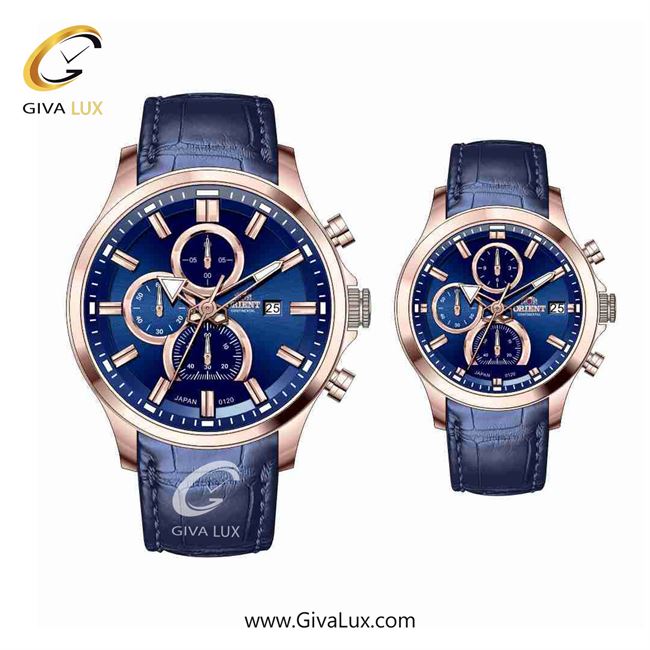 ساعت مچی اورجینال ست اورینت (کانتیننتال) | Orient (Continental) سه موتوره کرنوگراف رزگلد | سرمه ای| سرمه ای| کد رفرنس 120