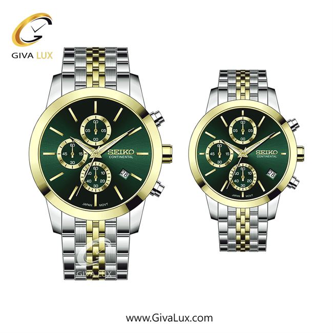 ساعت مچی اورجینال ست سیکو (کانتیننتال) | Seiko (Continental)  سه موتوره کرنوگراف طلایی-نقره ای | طلایی-نقره ای| سبز یشمی تیره| کد رفرنس 0412