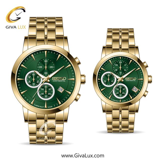 ساعت مچی اورجینال ست سیکو (کانتیننتال) | Seiko (Continental)  سه موتوره کرنوگراف طلایی | طلایی| سبز یشمی تیره| کد رفرنس 0428