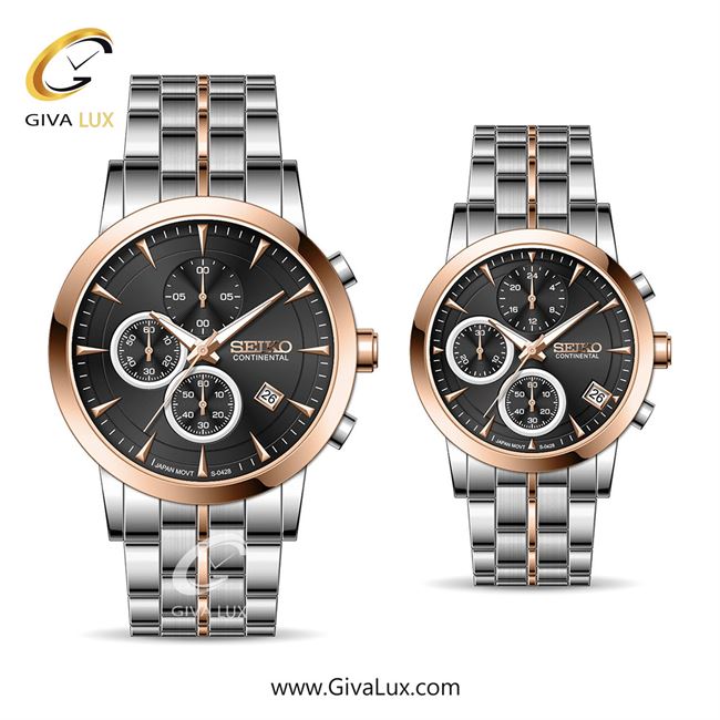 ساعت مچی اورجینال ست سیکو (کانتیننتال) | Seiko (Continental)  سه موتوره کرنوگراف رزگلد | رزگلد-نقره ای| مشکی| کد رفرنس 0428