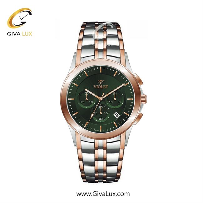 ساعت مچی اورجینال مردانه ویولت VIOLET سه موتوره کرنوگراف رزگلد-نقره ای | رزگلد-نقره ای| سبز| کد رفرنس 0611/2