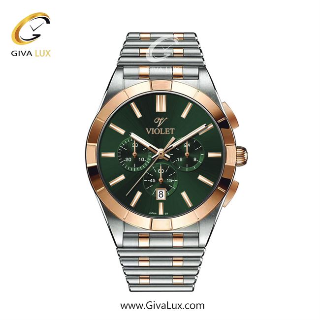 ساعت مچی اورجینال مردانه ویولت VIOLET سه موتوره کرنوگراف رزگلد-نقره ای | نقره ای-رزگلد| سبز| کد رفرنس 0613/2