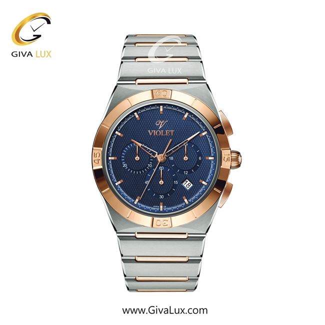 ساعت مچی اورجینال مردانه ویولت VIOLET سه موتوره کرنوگراف رزگلد-نقره ای | رزگلد-نقره ای| آبی| کد رفرنس  0614/2