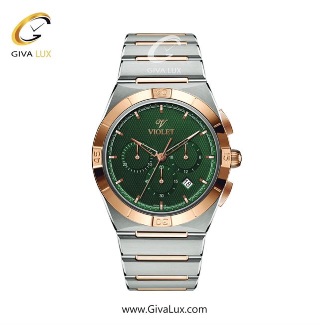 ساعت مچی اورجینال مردانه ویولت VIOLET سه موتوره کرنوگراف رزگلد-نقره ای | نقره ای-رزگلد| سبز| کد رفرنس  0614/2