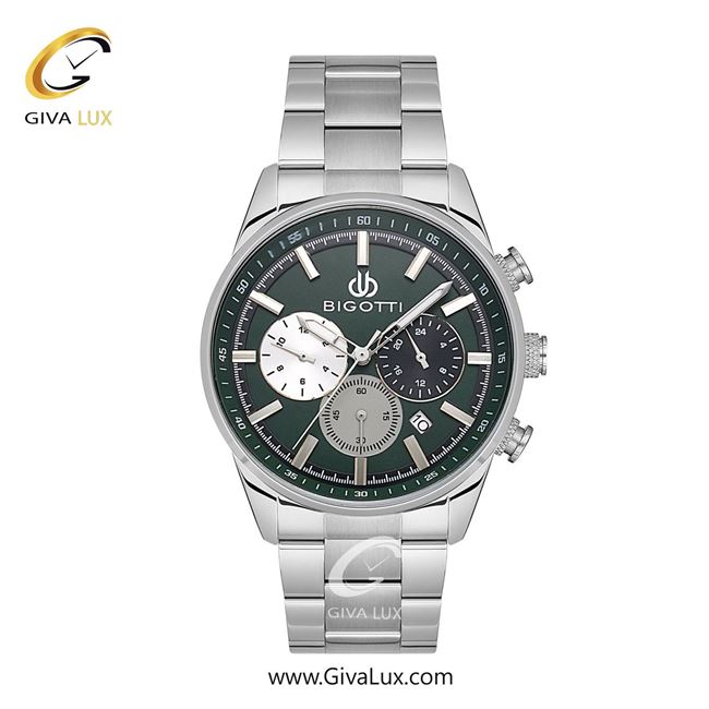 ساعت مچی اورجینال مردانه بیگوتی BIGOTTI سه موتوره کرنوگراف نقره ای | نقره ای| سبز یشمی تیره| کد رفرنس BG.1.10542-3