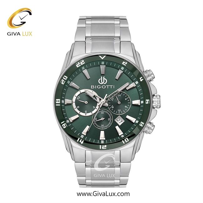 ساعت مچی اورجینال مردانه بیگوتی BIGOTTI سه موتوره کرنوگراف نقره ای | نقره ای| سبز یشمی تیره| کد رفرنس BG.1.10544-3