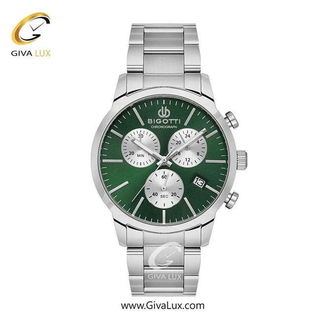 ساعت مچی اورجینال مردانه بیگوتی BIGOTTI سه موتوره کرنوگراف نقره ای | نقره ای| سبز| کد رفرنس BG.1.10576.4