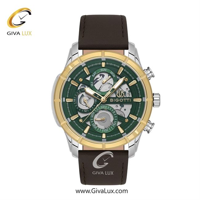 ساعت مچی اورجینال مردانه بیگوتی BIGOTTI سه موتوره فول تایم طلایی | قهوه ای| سبز یشمی تیره| کد رفرنس BG.1.10579.4