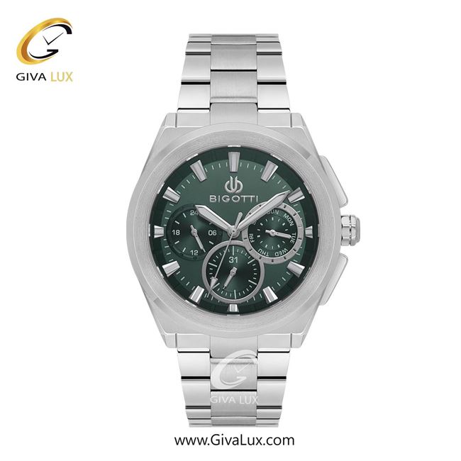 ساعت مچی اورجینال مردانه بیگوتی BIGOTTI سه موتوره فول تایم نقره ای | نقره ای| سبز یشمی تیره| کد رفرنس BG.1.10627-3
