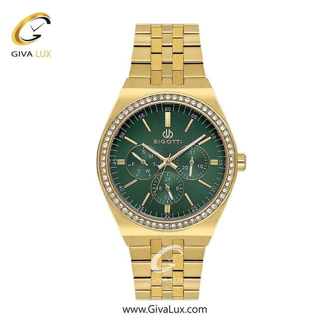 ساعت مچی اورجینال زنانه بیگوتی BIGOTTI سه موتوره فول تایم طلایی | طلایی| سبز یشمی تیره| کد رفرنس BG.1.10635-5