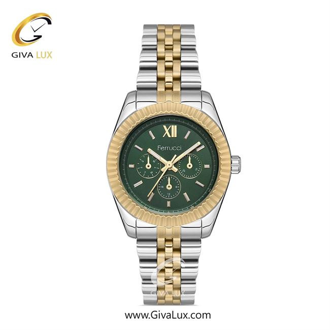 ساعت مچی اورجینال زنانه فروچی Ferrucci سه موتوره فول تایم طلایی | نقره ای-طلایی| سبز یشمی تیره| کد رفرنس fcf.10468M.06
