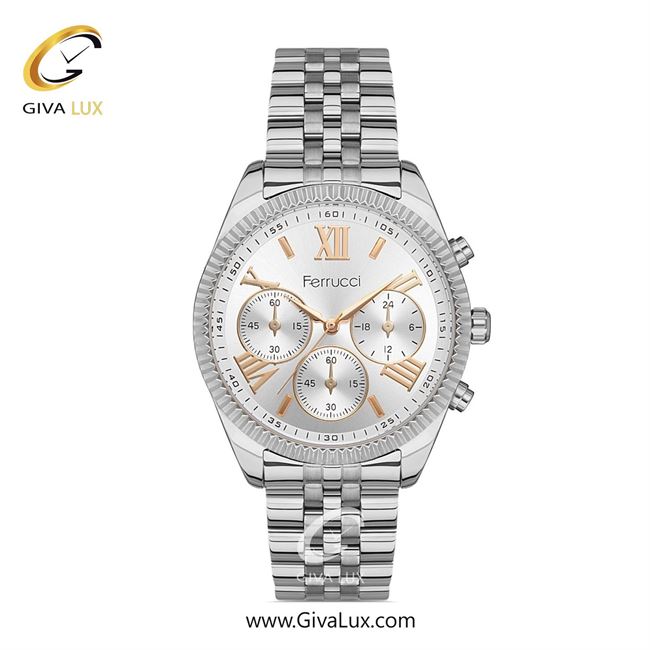 ساعت مچی اورجینال زنانه فروچی Ferrucci سه موتوره کرنوگراف نقره ای | نقره ای| نقره ای| کد رفرنس fcf.11153M.02