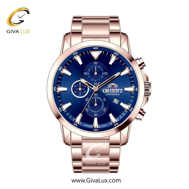 ساعت مچی اورجینال مردانه اورینت (کانتیننتال) | Orient (Continental) سه موتوره کرنوگراف رزگلد | رزگلد| آبی کاربنی| کد رفرنس 0115