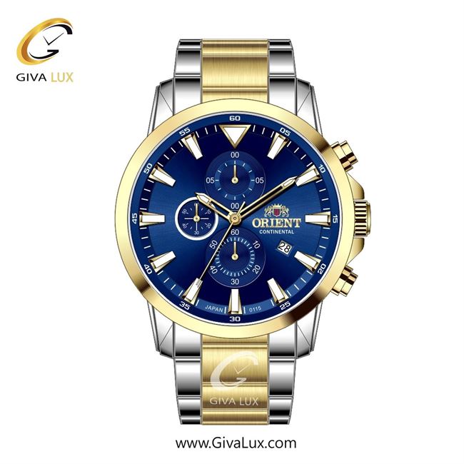 ساعت مچی اورجینال مردانه اورینت (کانتیننتال) | Orient (Continental) سه موتوره کرنوگراف طلایی-نقره ای | طلایی-نقره ای| آبی کاربنی| کد رفرنس 0115