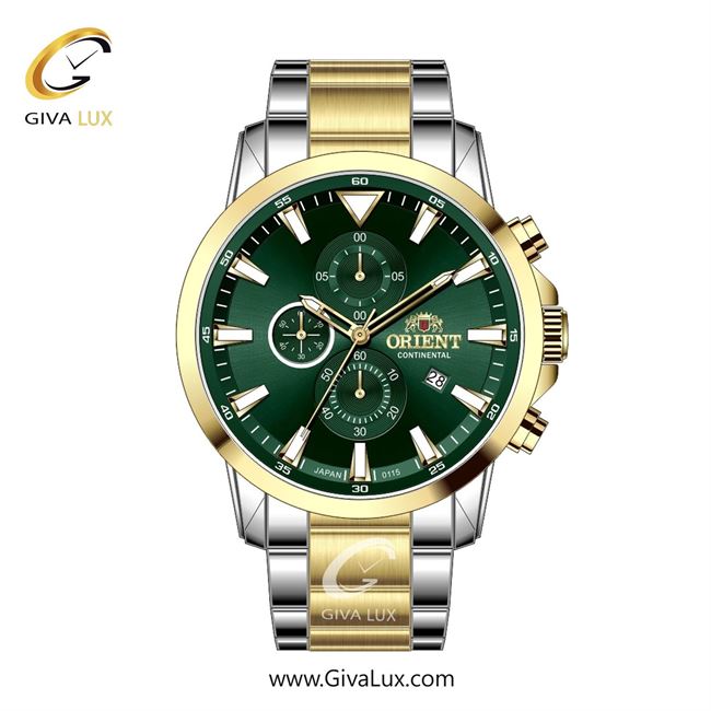 ساعت مچی اورجینال مردانه اورینت (کانتیننتال) | Orient (Continental) سه موتوره کرنوگراف طلایی-نقره ای | طلایی-نقره ای| سبز یشمی تیره| کد رفرنس 0115