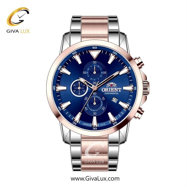 ساعت مچی اورجینال مردانه اورینت (کانتیننتال) | Orient (Continental) سه موتوره کرنوگراف رزگلد-نقره ای | نقره ای-رزگلد| آبی کاربنی| کد رفرنس 0115