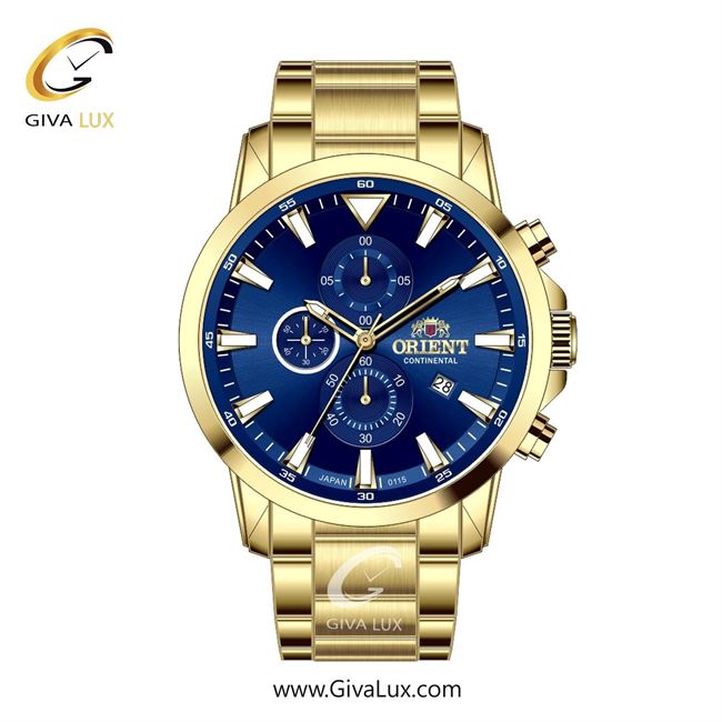 ساعت مچی اورجینال مردانه اورینت (کانتیننتال) | Orient (Continental) سه موتوره کرنوگراف طلایی | طلایی| آبی کاربنی| کد رفرنس 0115