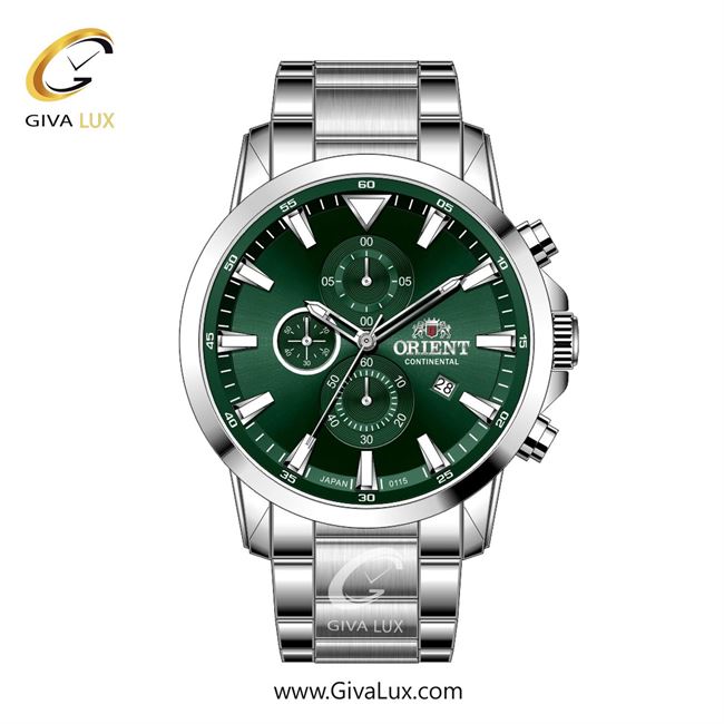 ساعت مچی اورجینال مردانه اورینت (کانتیننتال) | Orient (Continental) سه موتوره کرنوگراف نقره ای | نقره ای| سبز یشمی تیره| کد رفرنس 0115