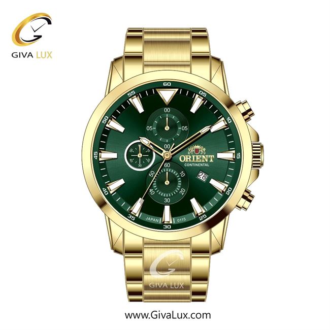 ساعت مچی اورجینال مردانه اورینت (کانتیننتال) | Orient (Continental) سه موتوره کرنوگراف طلایی | طلایی| سبز یشمی تیره| کد رفرنس 0115