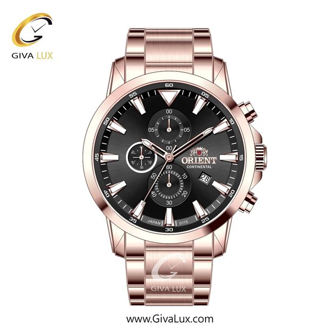 ساعت مچی اورجینال مردانه اورینت (کانتیننتال) | Orient (Continental) سه موتوره کرنوگراف رزگلد | رزگلد| مشکی| کد رفرنس 0115