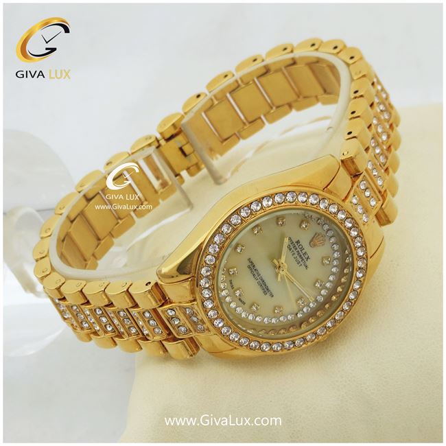 ساعت زنانه رولکس بندفلزی نگین دار طلایی