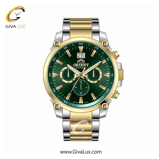 ساعت مچی اورجینال مردانه اورینت (کانتیننتال) | Orient (Continental) سه موتوره کرنوگراف طلایی-نقره ای | طلایی-نقره ای| سبز یشمی تیره| کد رفرنس 0121