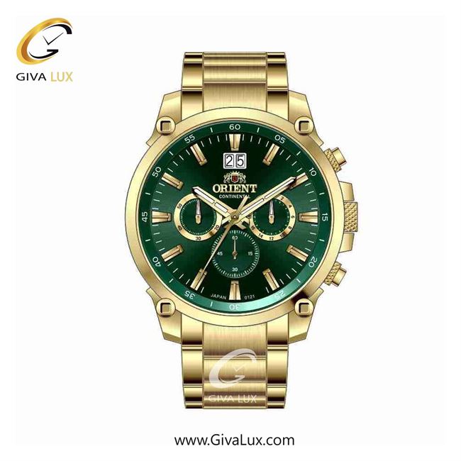 ساعت مچی اورجینال مردانه اورینت (کانتیننتال) | Orient (Continental) سه موتوره کرنوگراف طلایی | طلایی| سبز یشمی تیره| کد رفرنس 0121