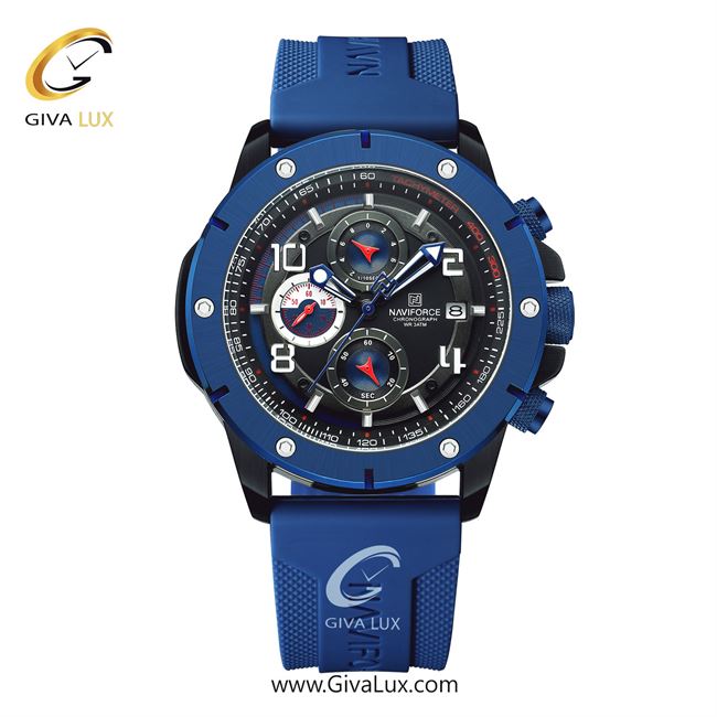 ساعت مچی اورجینال مردانه ناوی فورس|Naviforce|نوی فورس|نیوی فورس سه موتوره کرنوگراف آبی-مشکی | آبی| مشکی| کد رفرنس NF8034-B/B/BE