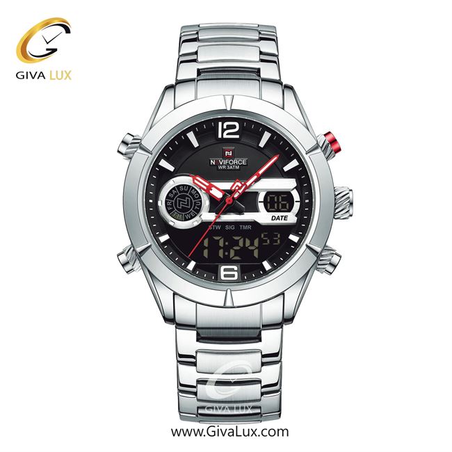 ساعت مچی اورجینال مردانه ناوی فورس|Naviforce|نوی فورس|نیوی فورس دو زمانه نقره ای | نقره ای| مشکی| کد رفرنس NF9232 S/B/S